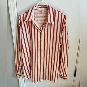 Vine & Love Red and White Vertical Stripe Button-Down Statin Shirt